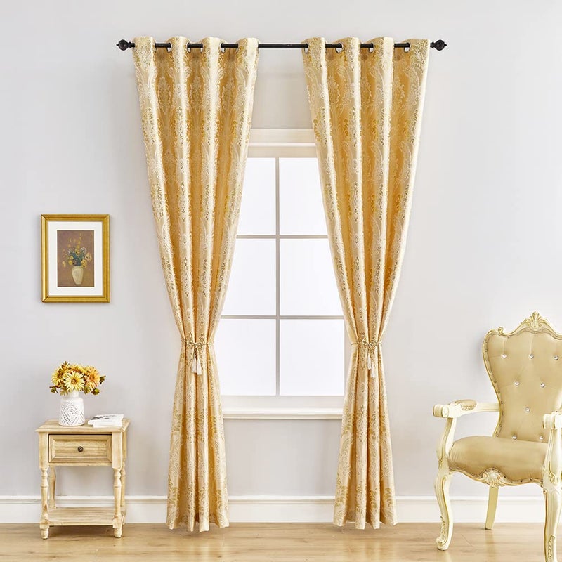 ELKCA Luxury Golden Jacquard Curtains Set for Bedroom European Style Window Curtain for Living Room,Grommet Top,2 Panels(Damask-Golden, 52" W x 108" L) - Image 2